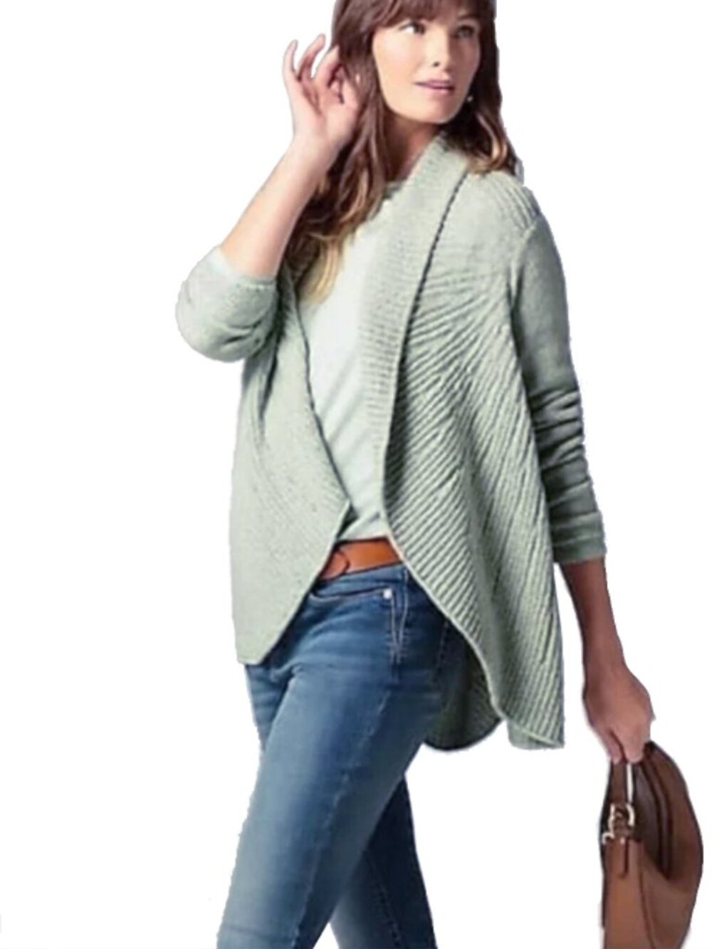 J. Jill Pure Jill Open-Front Draped Cotton Chunky Knit Cardigan Sage Green XL